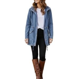 Forever 21 Jacket Light‎ Denim Chambray Drawstring Jean Small Blue Hooded Coat